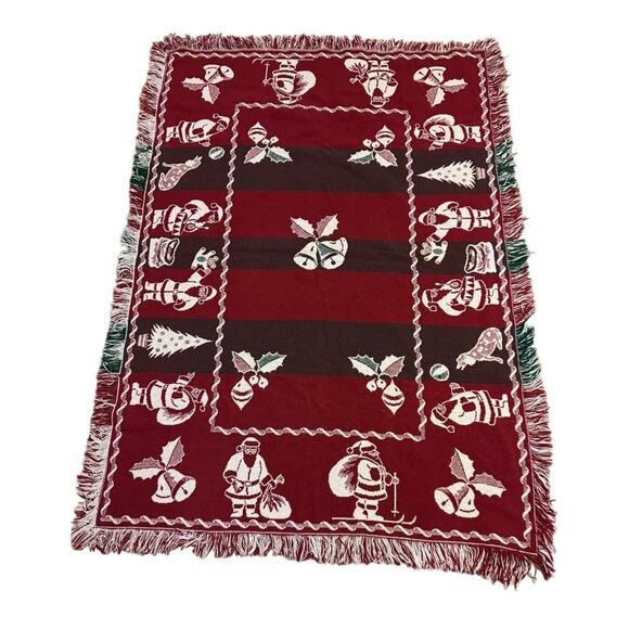 VTG Christmas Holiday Woven Fringed Throw Blanket Trees Santa Bells Cotton - Picture 1 of 6